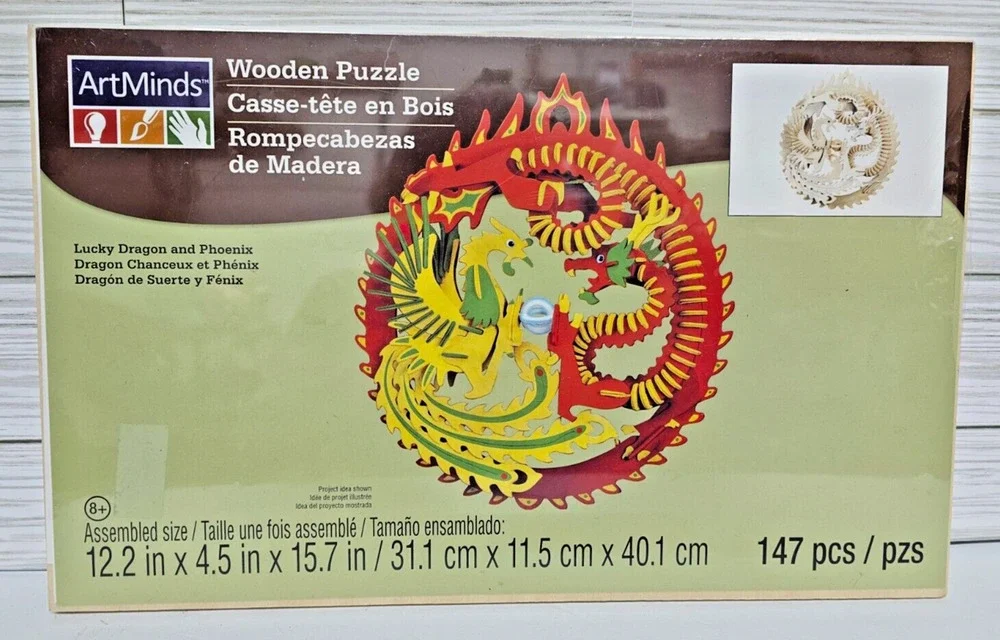 Art Minds Wooden 3-D Puzzle Kit Lucky Dragon & Phoenix Dragon 147 Pcs 8+ New